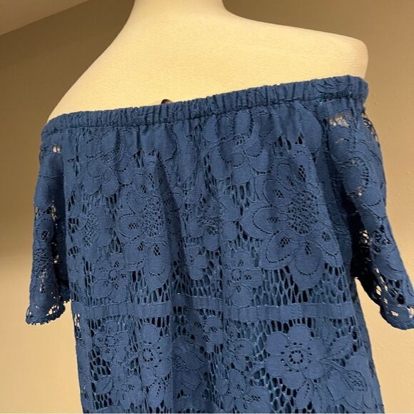 LOFT lace off shoulders, royal navy loose fit knee length dress size Medium - Picture 7 of 12
